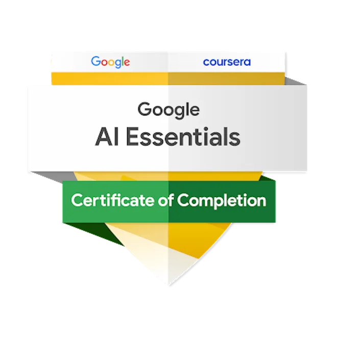 Google AI Essentials badge, issued by Coursera via Credly
